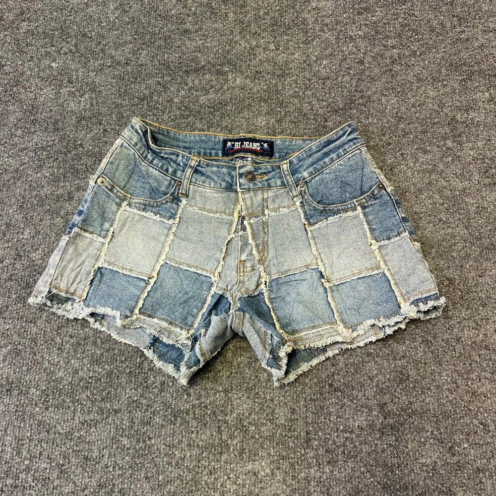 Hi Jeans Shorts Womens Size 24 Blue Patchwork Raw Hem Low Rise Denim Festival